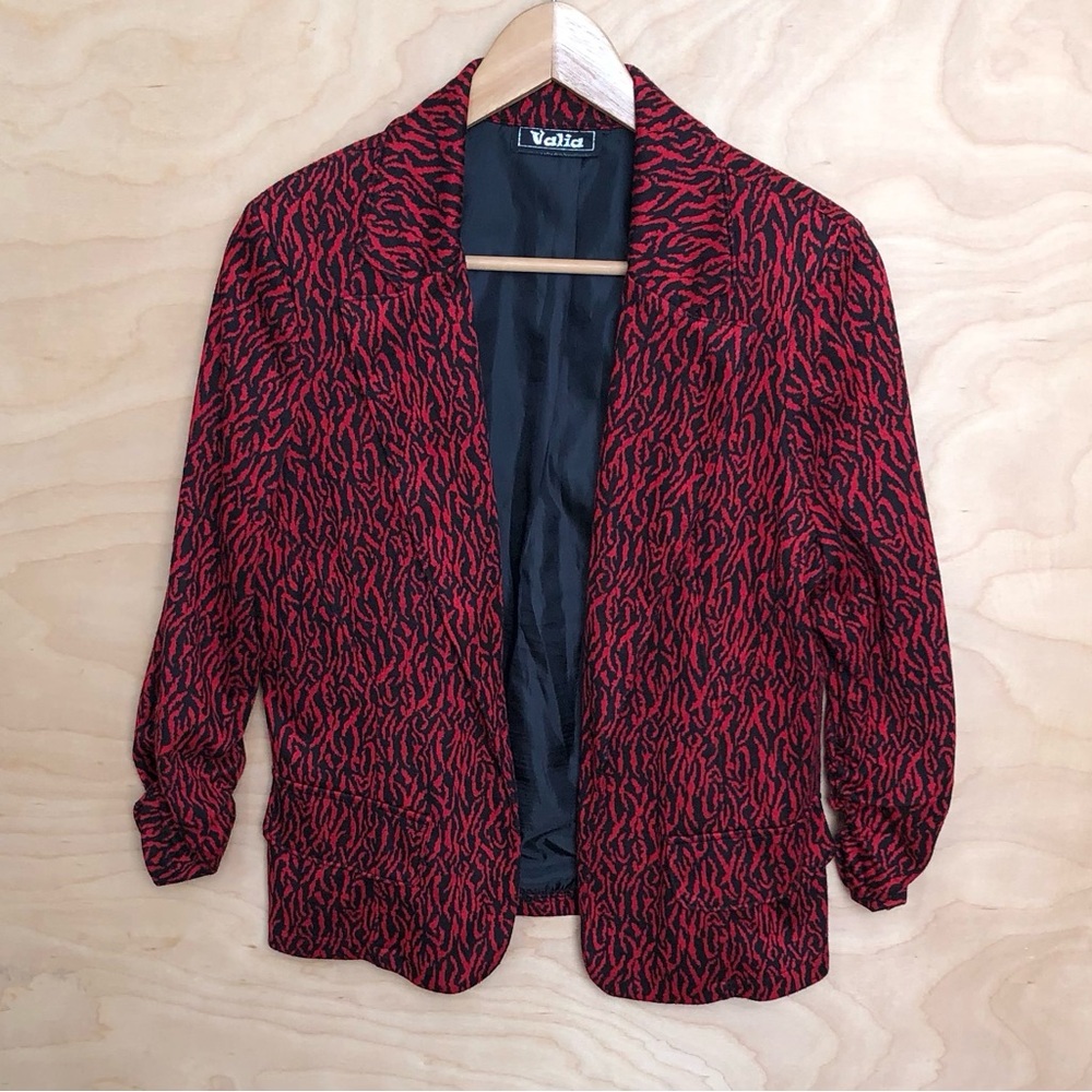 Valia Blazer Jacket Red and Black Pattern Ruched 3/4 Sleeve Womens Sz S.